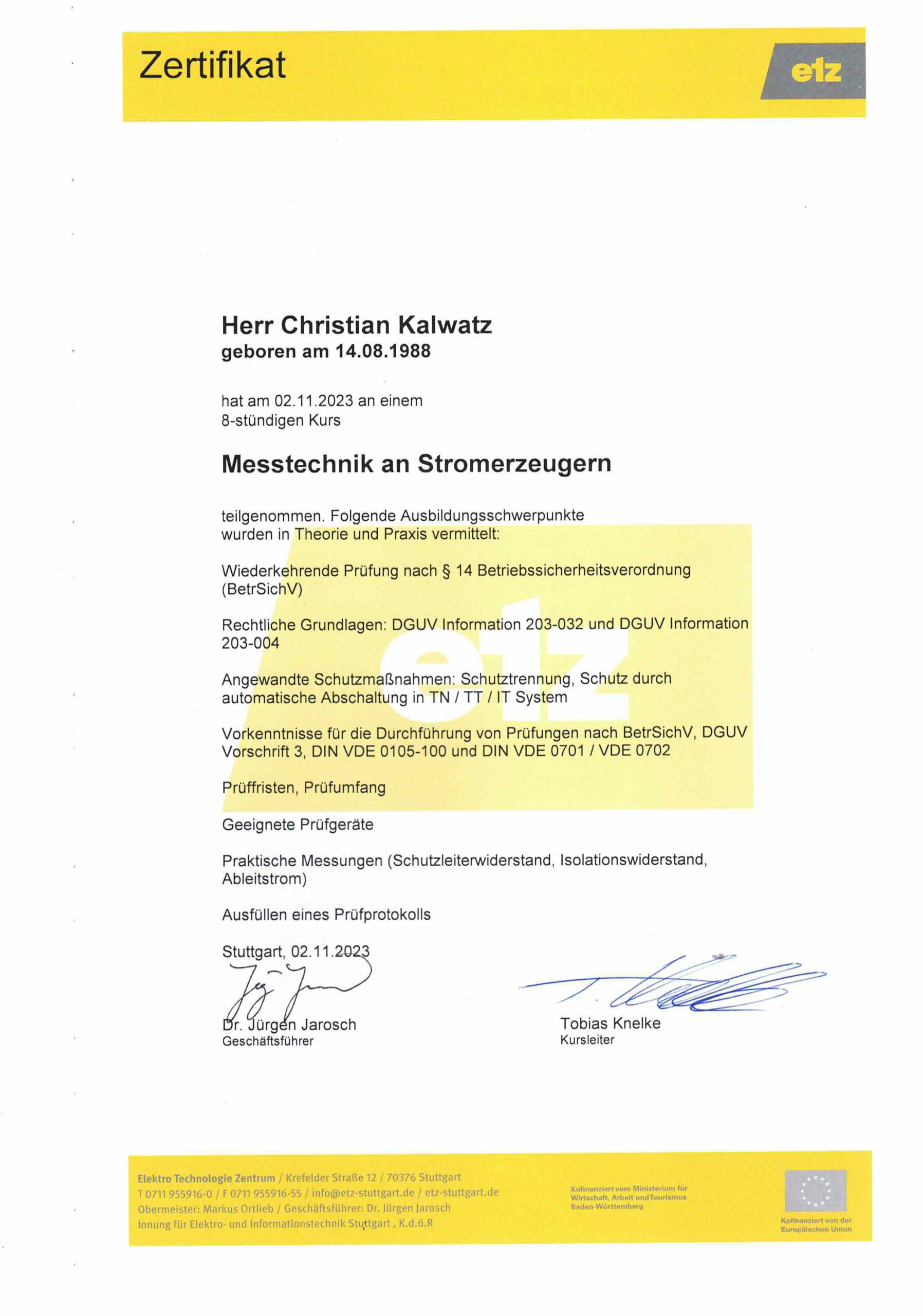 EBELING Technischer Großhandel - Zertifikat Messtechnik an Stromerzeugern (Christian Kalwatz) 02.11.2023