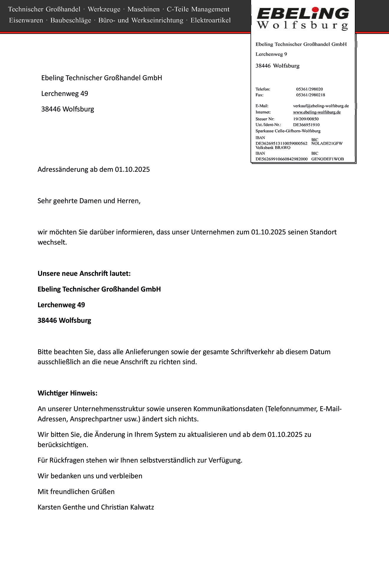 EBELING Technischer Großhandel - neuer Standort - Lerchenweg 49, 38446 Wolfsburg